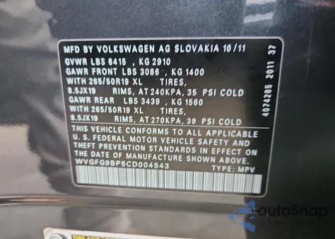 2012 Volkswagen Touareg Hybrid from USA, damaged, VIN WVGFG9BP5CD004543